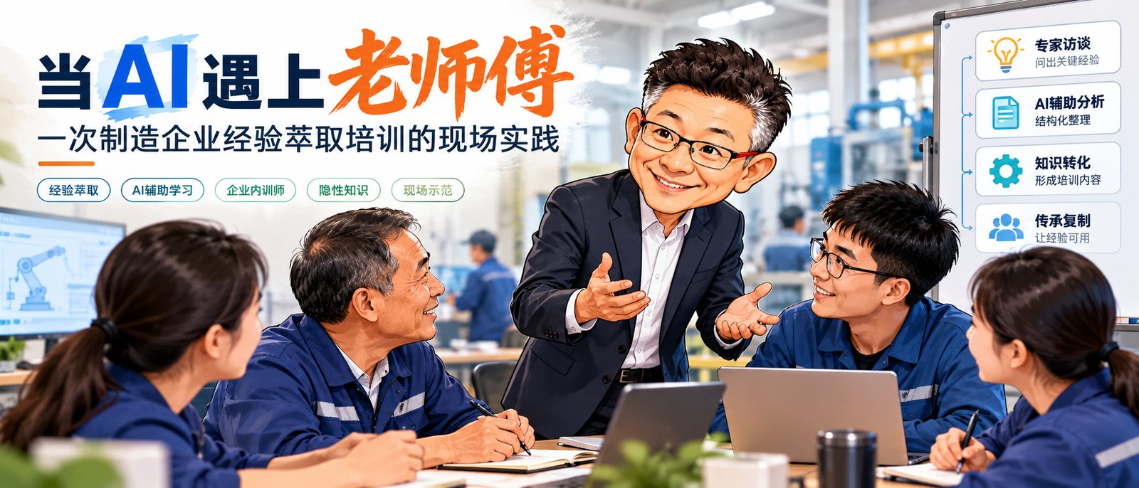 当 AI 遇上老师傅——一次制造企业经验萃取培训的现场实践:培训师与身穿工装的一线员工围坐讨论,白板上写着专家访谈、AI 辅助分析、知识转化、传承复制四个环节