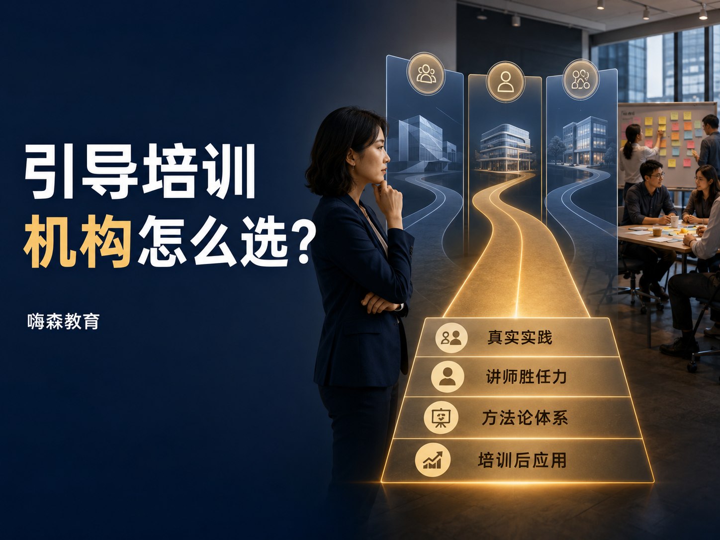 引导培训机构怎么选？画面中一位职业女性面对三条通往不同机构的路径思考，脚下是一座金色阶梯，自下而上标出四层评估维度：培训后应用、方法论体系、讲师胜任力、真实实践——右侧是正在进行的真实工作坊现场，学员围着贴满便利贴的白板讨论。选机构不看品牌和证书，而看这几件可以自己核查的事。
