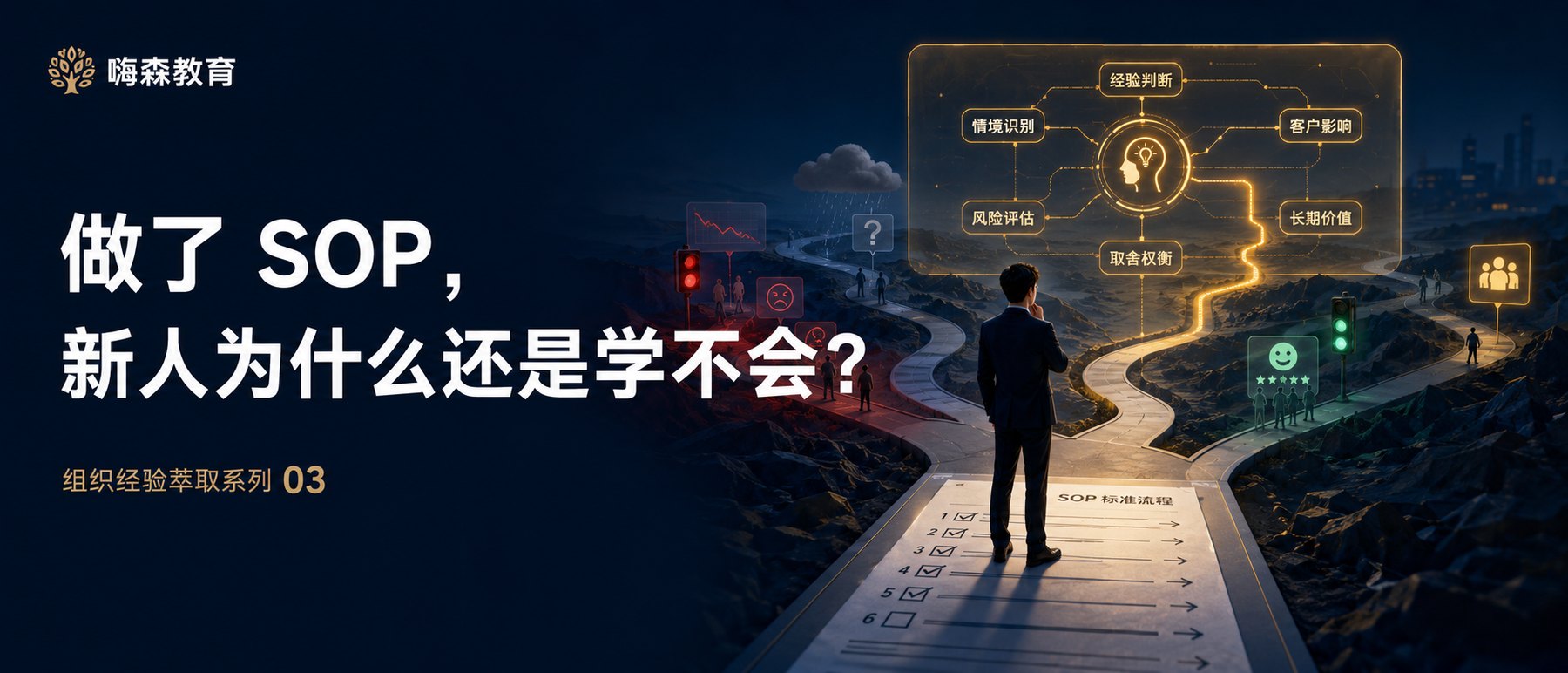 组织经验萃取系列 03:做了 SOP,新人为什么还是学不会?画面中一位职场人站在写着「SOP 标准流程」的路面尽头,面前分出两条道路——一条通向红灯、下滑曲线与不满的客户,另一条通向绿灯与好评。上方的判断网络标注着情境识别、经验判断、客户影响、风险评估、取舍权衡与长期价值:决定走哪条路的不是步骤,而是步骤背后的判断。