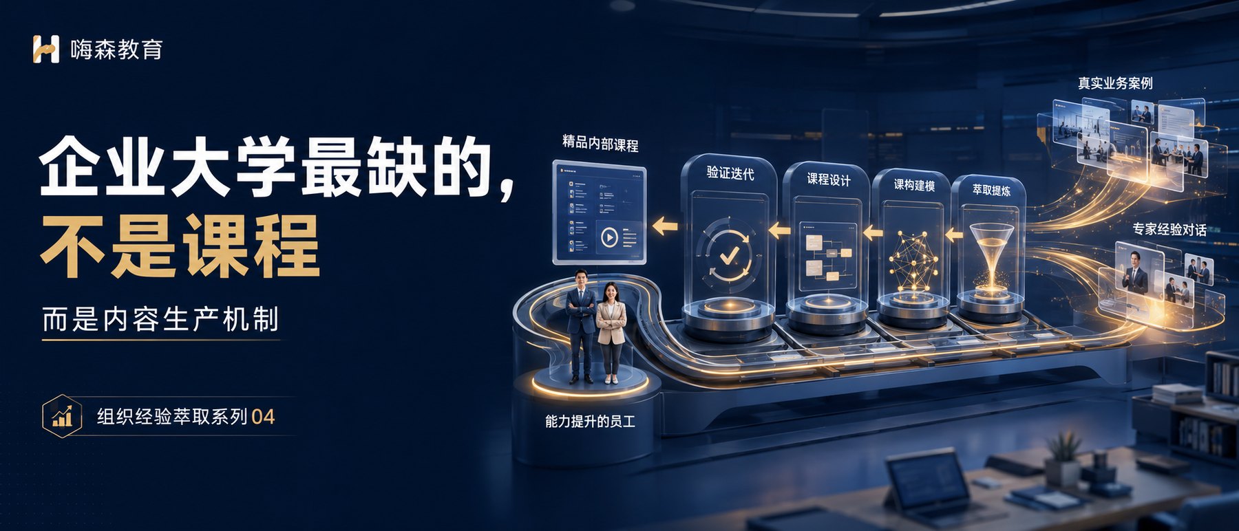组织经验萃取系列 04:企业大学最缺的,不是课程,而是内容生产机制。图中呈现一条内容生产线:右侧输入真实业务案例与专家经验对话,依次经过萃取提炼、课构建模、课程设计、验证迭代四道工序,最终产出精品内部课程,并落到能力提升的员工身上。企业需要的不是一次性课程开发项目,而是这条产线。