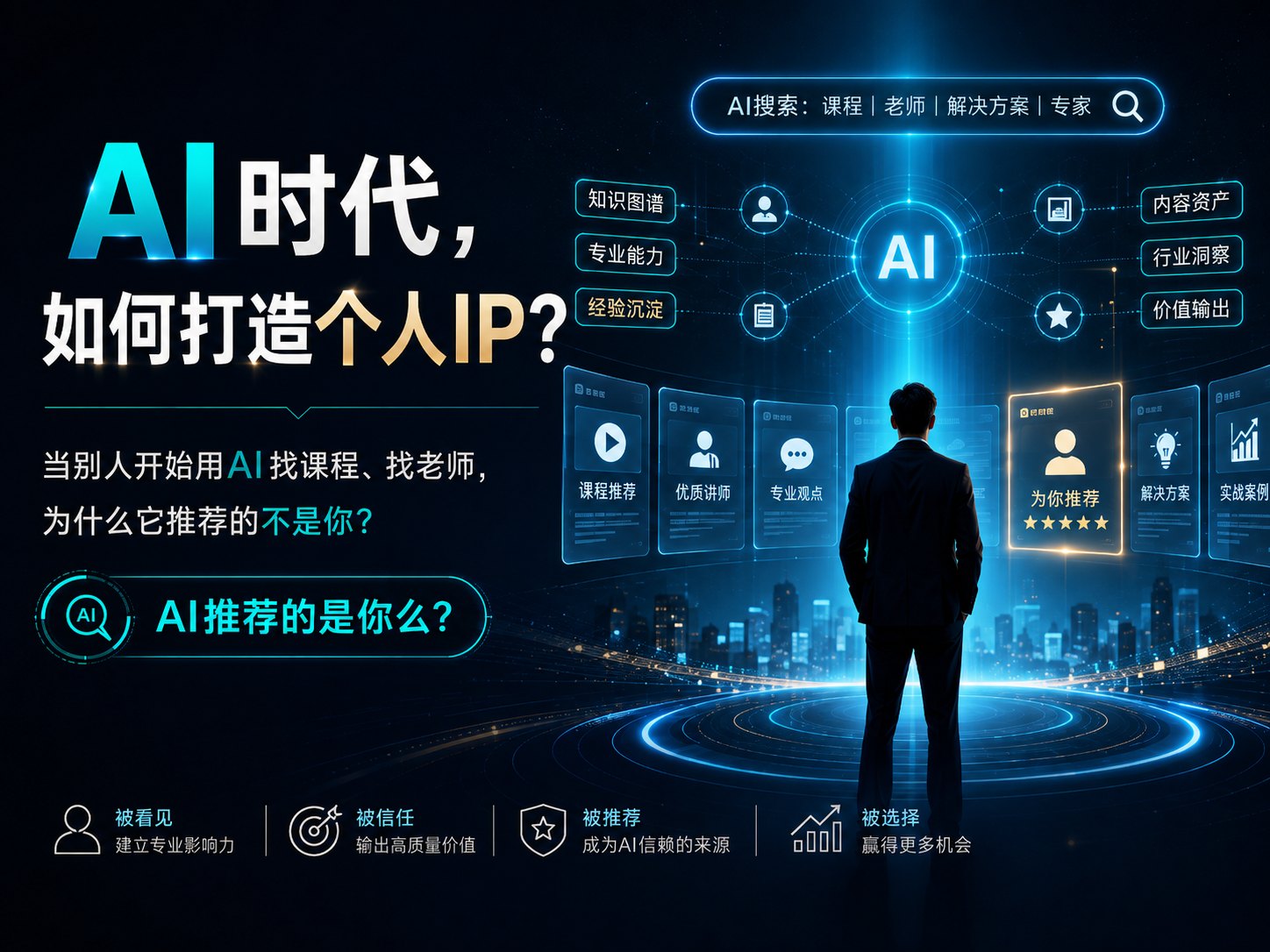 AI 时代，如何打造个人 IP —— 当别人开始用 AI 找课程、找老师，为什么它推荐的不是你？画面中一位专业人士面向由 AI 驱动的推荐界面：顶部是「AI 搜索：课程｜老师｜解决方案｜专家」，中央 AI 节点连接着知识图谱、专业能力、经验沉淀、内容资产、行业洞察与价值输出，下方陈列课程推荐、优质讲师、专业观点、为你推荐、解决方案与实战案例等结果卡片。底部四个环节：被看见（建立专业影响力）、被信任（输出高质量价值）、被推荐（成为 AI 信赖的来源）、被选择（赢得更多机会）。